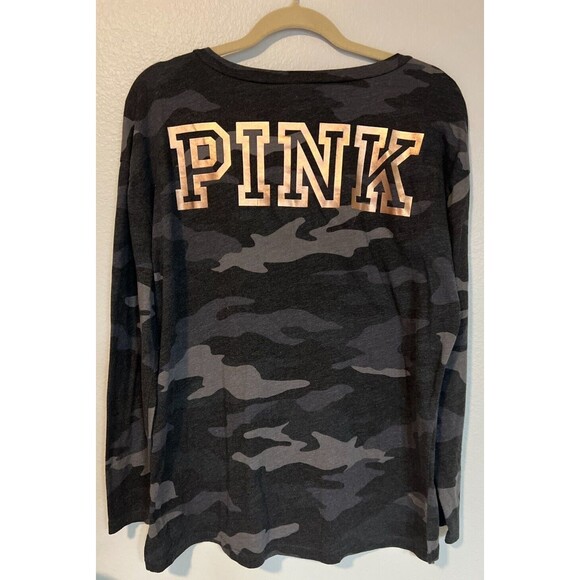 Victorias Secret PINK Long Sleeve Relaxed CAMO Shirt L Rose Gold Letters On Back - Picture 4 of 9